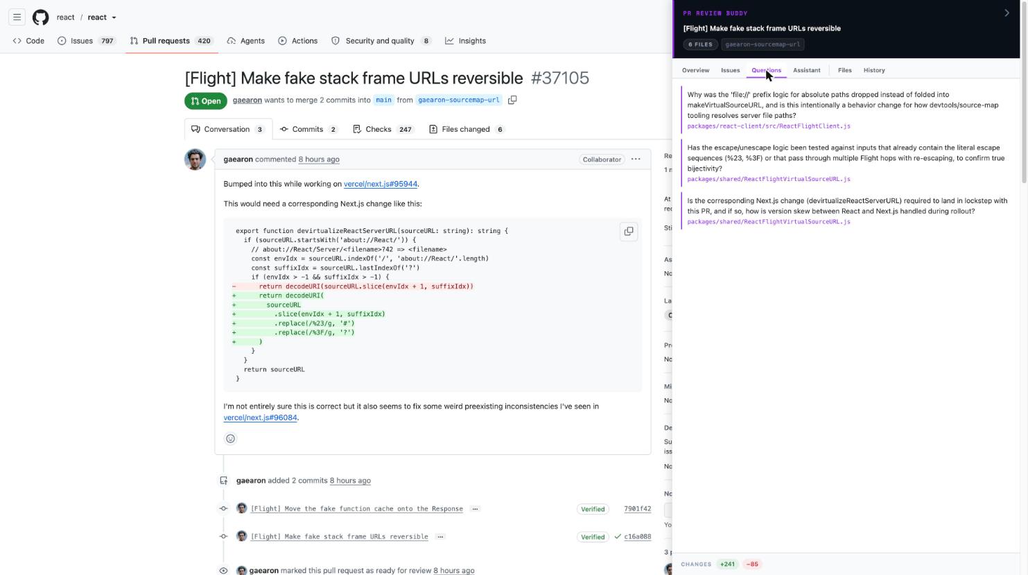 The PR Review Buddy sidebar open on a GitHub pull request, showing the questions worth asking about the change