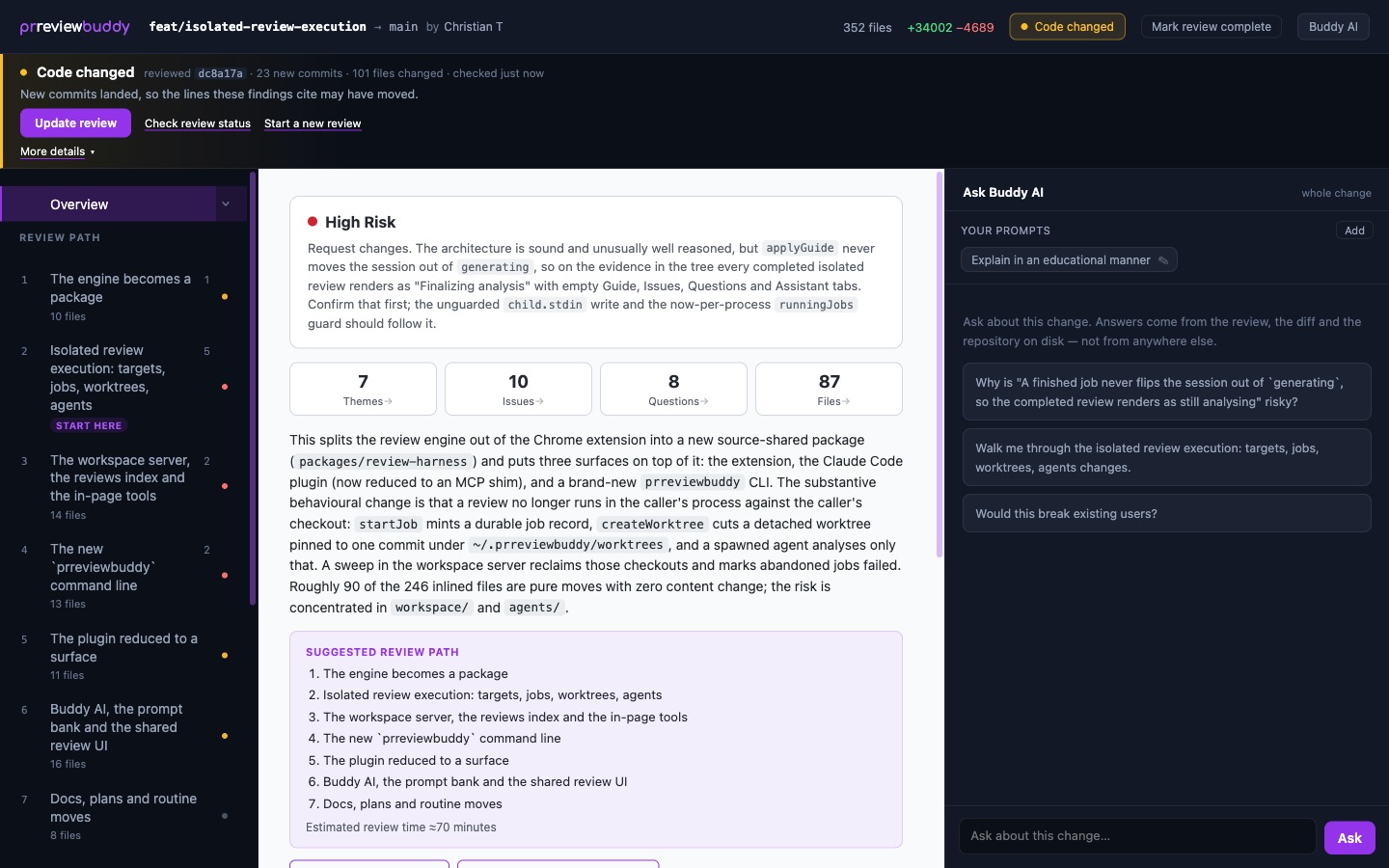 The review workspace overview: a High Risk headline with its recommendation, counts for seven themes, ten issues, eight questions and eighty-seven files, and the suggested review path